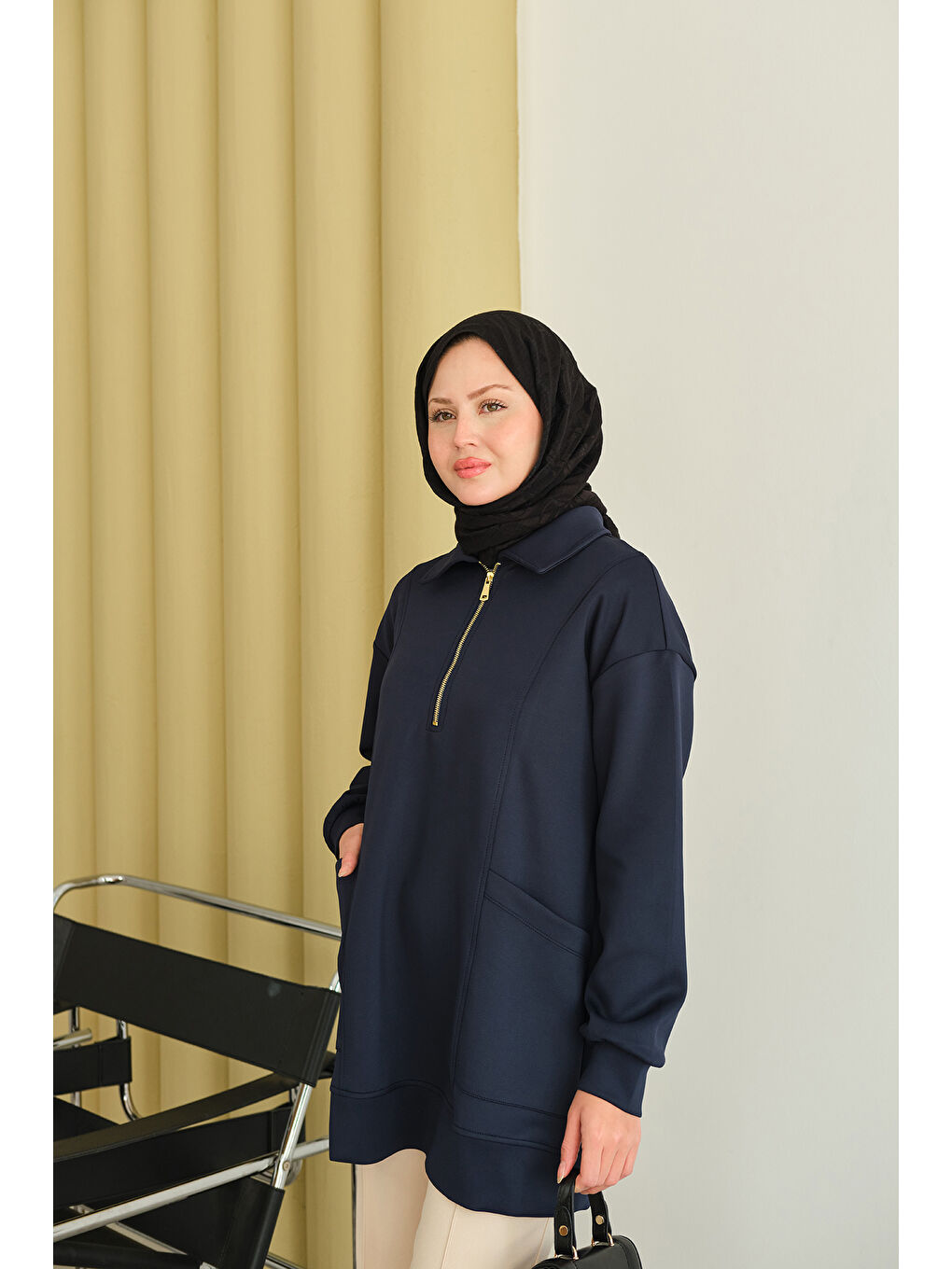 Kadın Cep Ve Yaka Detay Yarım Fermuarlı Sweat Lacivert-2