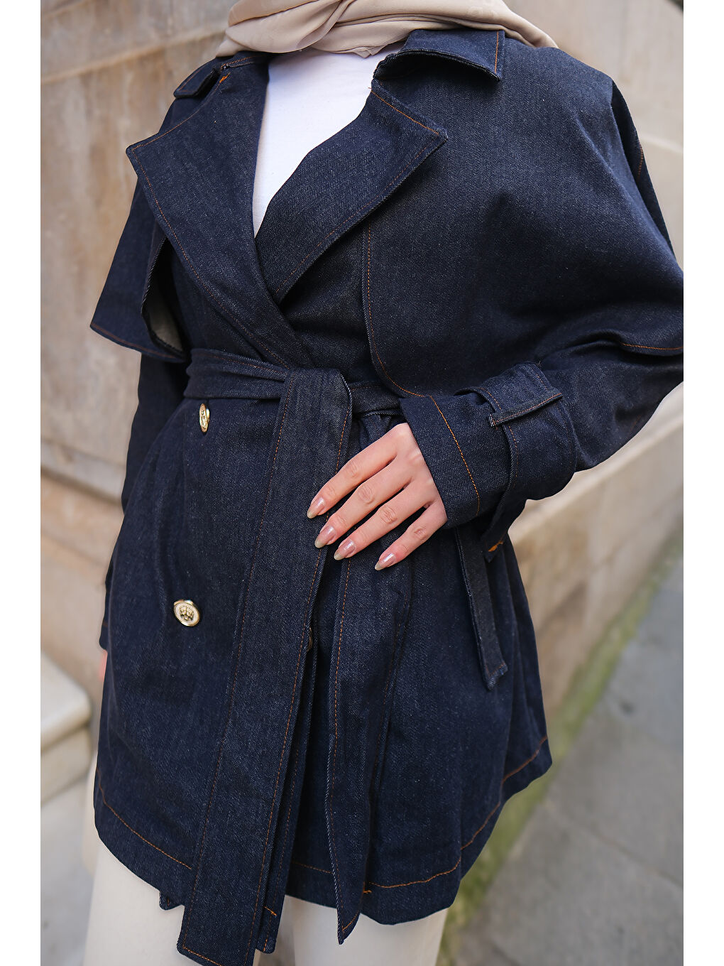 Kadın Pelerin Kollu Kısa Jean Trenç Koyu Mavi-4