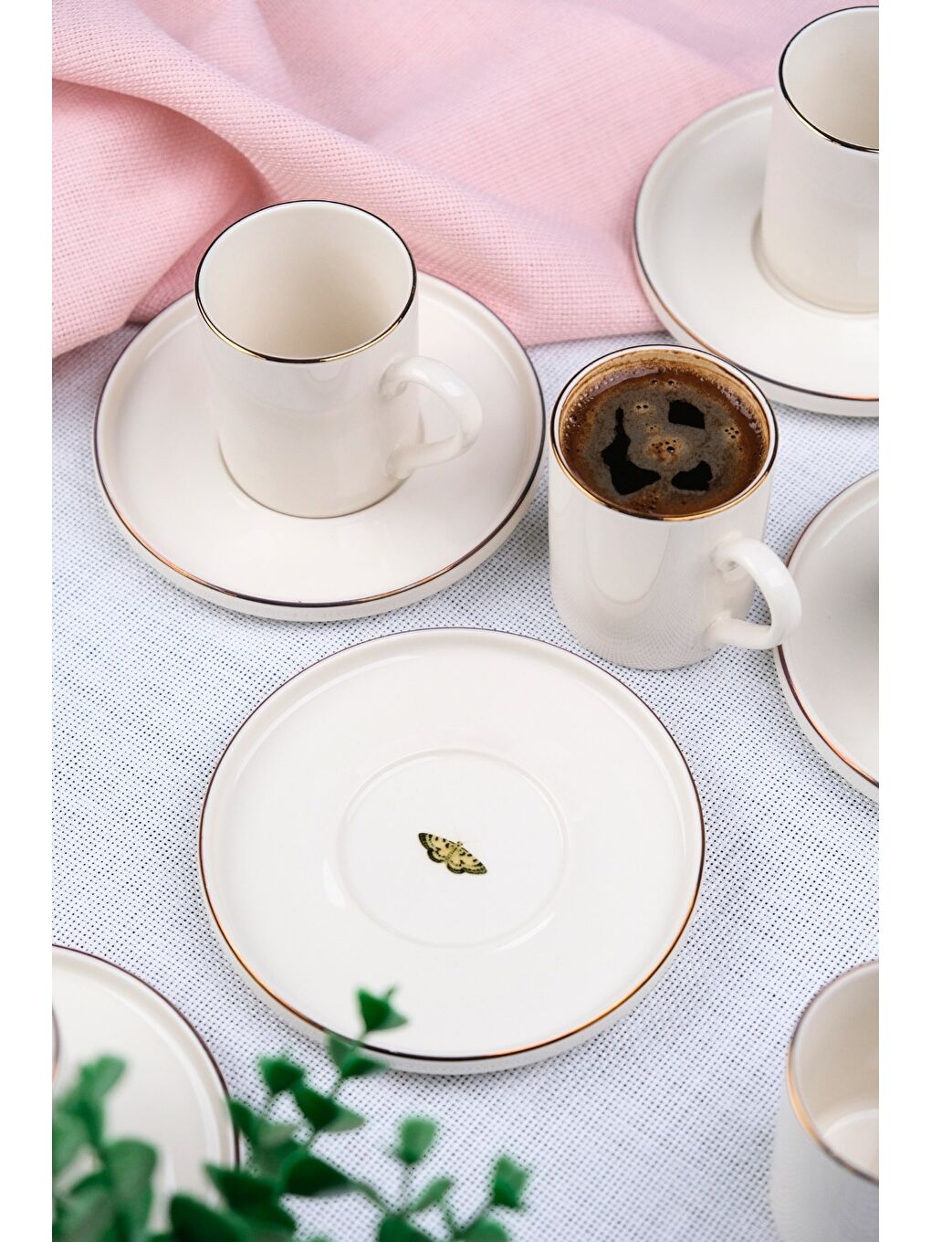 Beyaz Porselen Altın Yaldız Kahve Fincan Takımı Kelebek 90cc 6 Kişilik 12 Parça-1