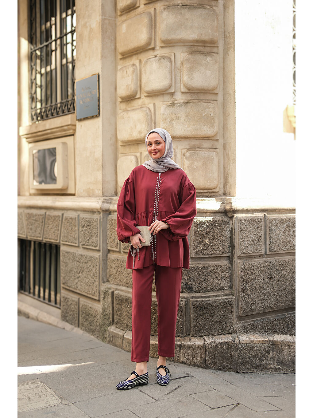 Kadın Fermuarlı Taş Detaylı İkili Takım Bordo-4