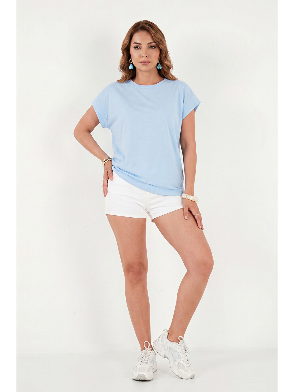 Mavi Pamuklu Rahat Kalıp Bisiklet Yaka Kadın T Shirt 5866955-2