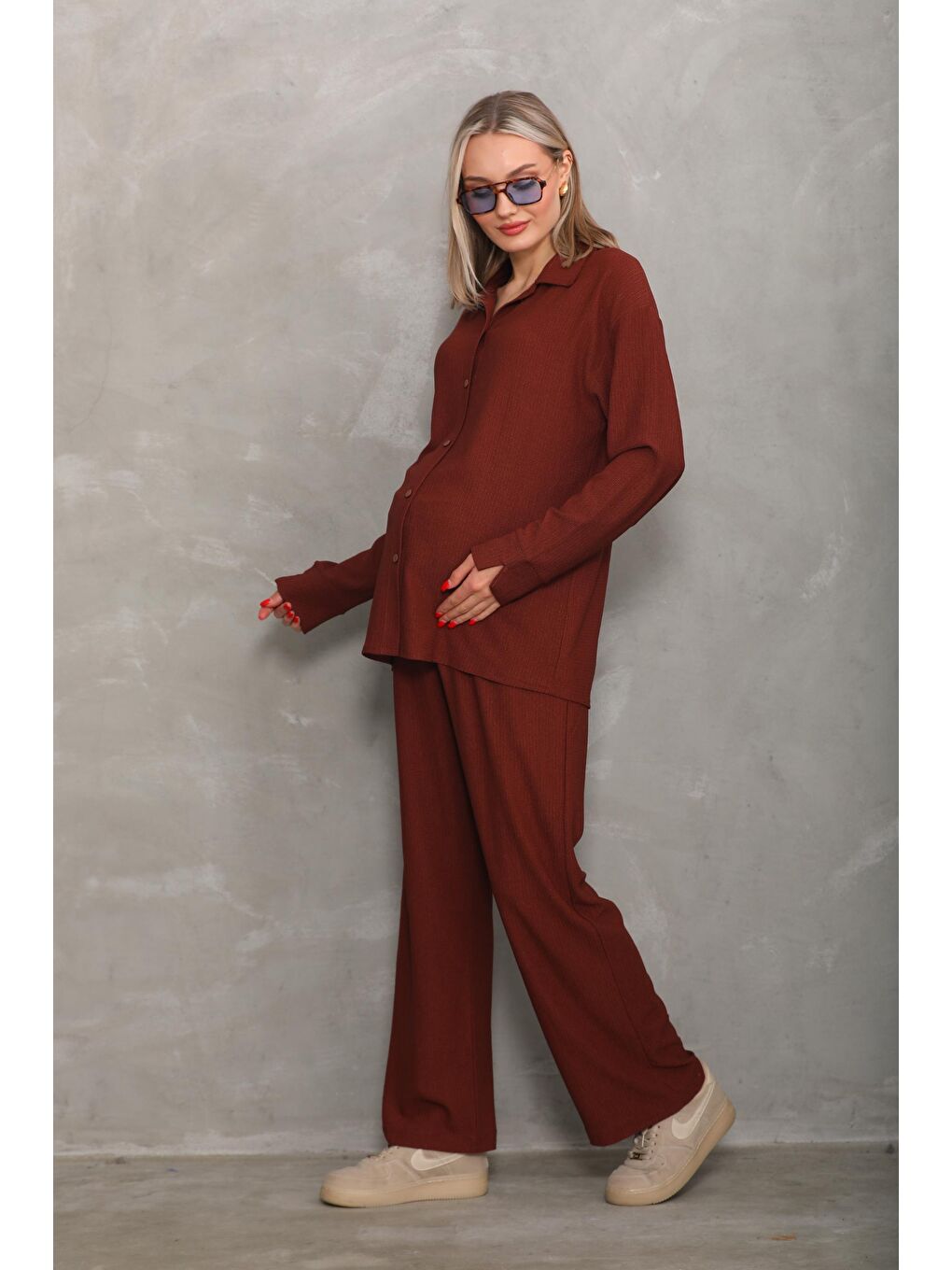 Kahverengi Bürümcük Oversize Hamile Gömlek Pantolon Takım
