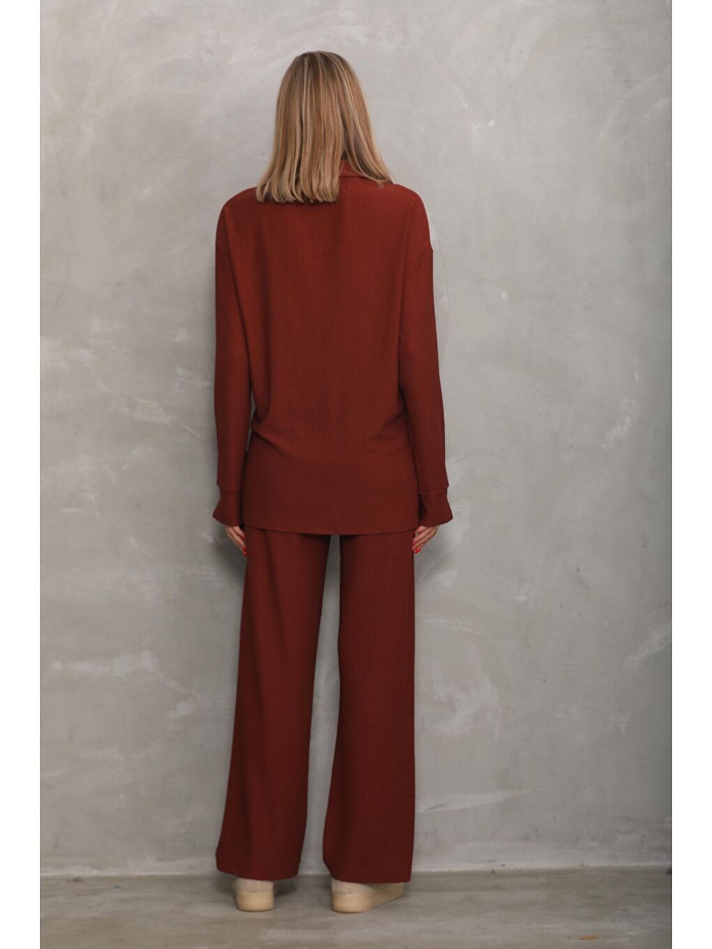 Kahverengi Bürümcük Oversize Hamile Gömlek Pantolon Takım-1