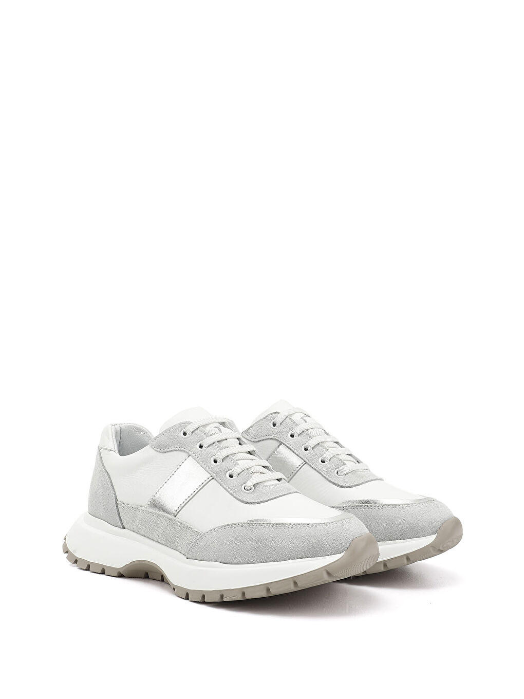 Beyaz Kadın BEYAZ-AÇIK GRİ Lastik Bağcıklı Hakiki Deri Sneaker-1