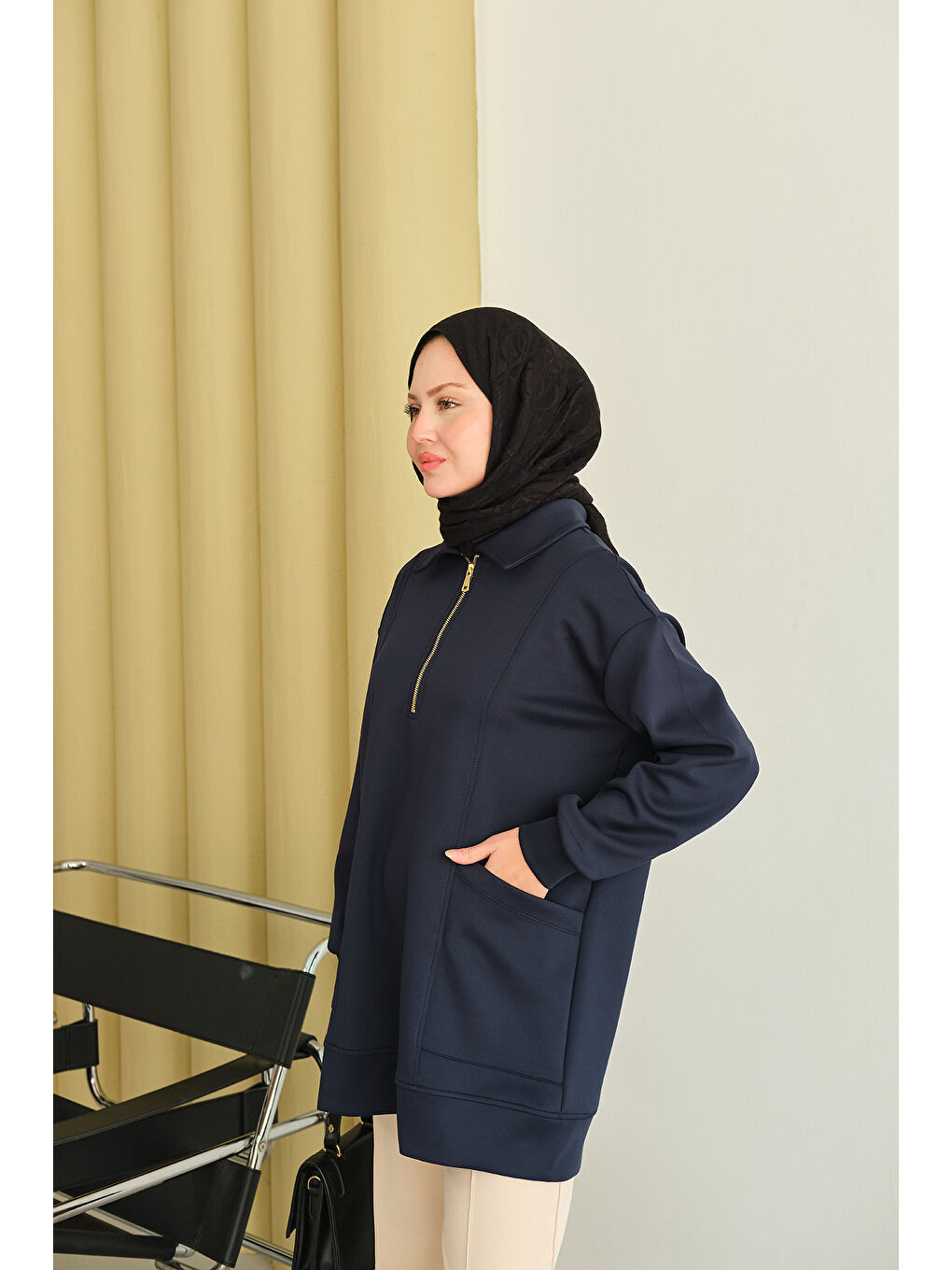 Kadın Cep Ve Yaka Detay Yarım Fermuarlı Sweat Lacivert-3