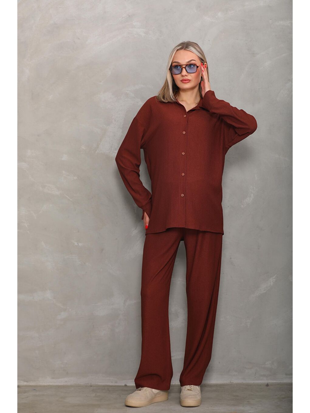 Kahverengi Bürümcük Oversize Hamile Gömlek Pantolon Takım-3