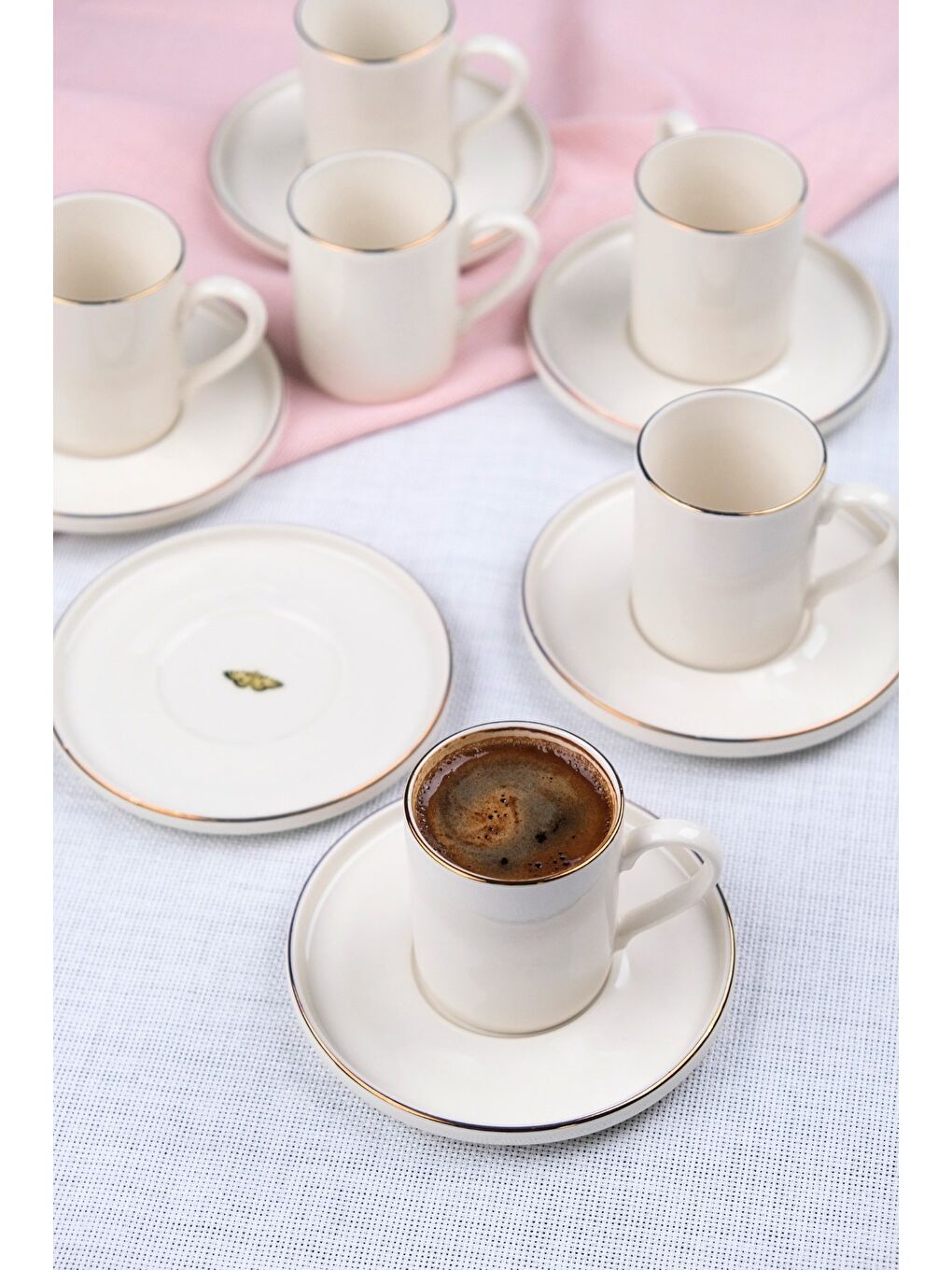 Beyaz Porselen Altın Yaldız Kahve Fincan Takımı Kelebek 90cc 6 Kişilik 12 Parça-2