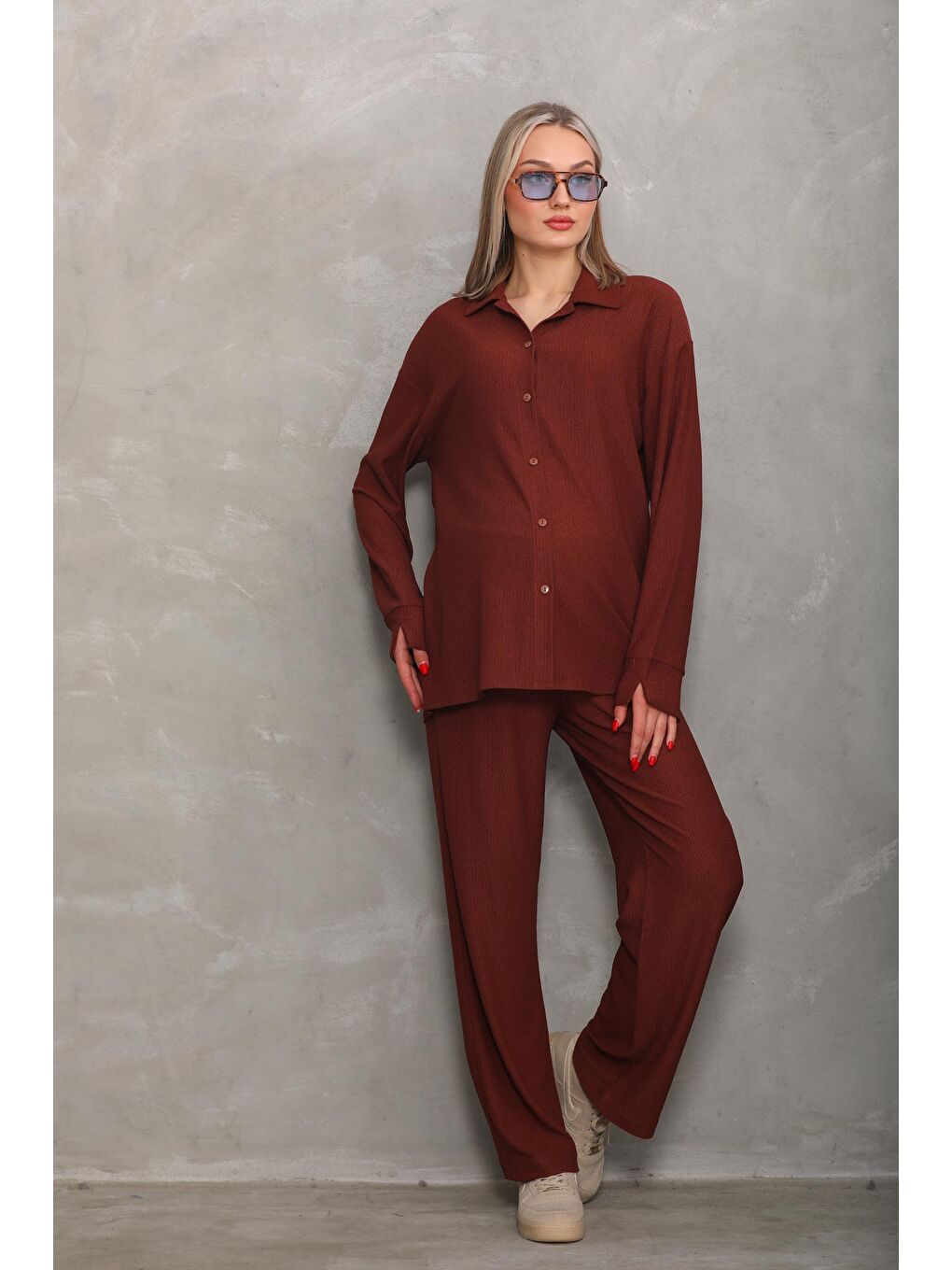 Kahverengi Bürümcük Oversize Hamile Gömlek Pantolon Takım-4