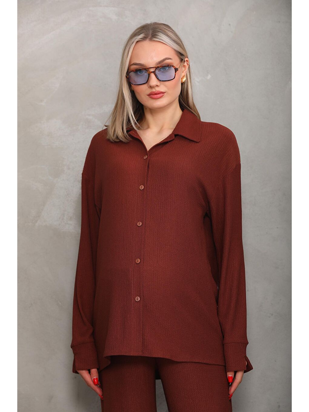 Kahverengi Bürümcük Oversize Hamile Gömlek Pantolon Takım-5