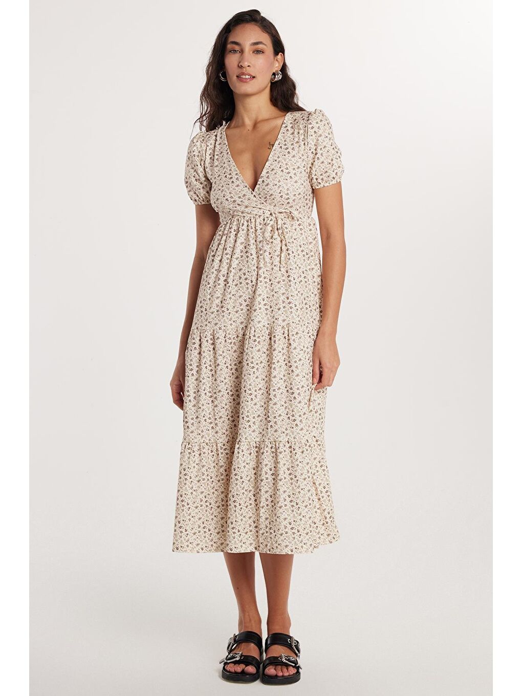 Karışık Kadın Slim Fit Dar Kesim Kısa Kollu Baskılı V Yaka Elbise-3