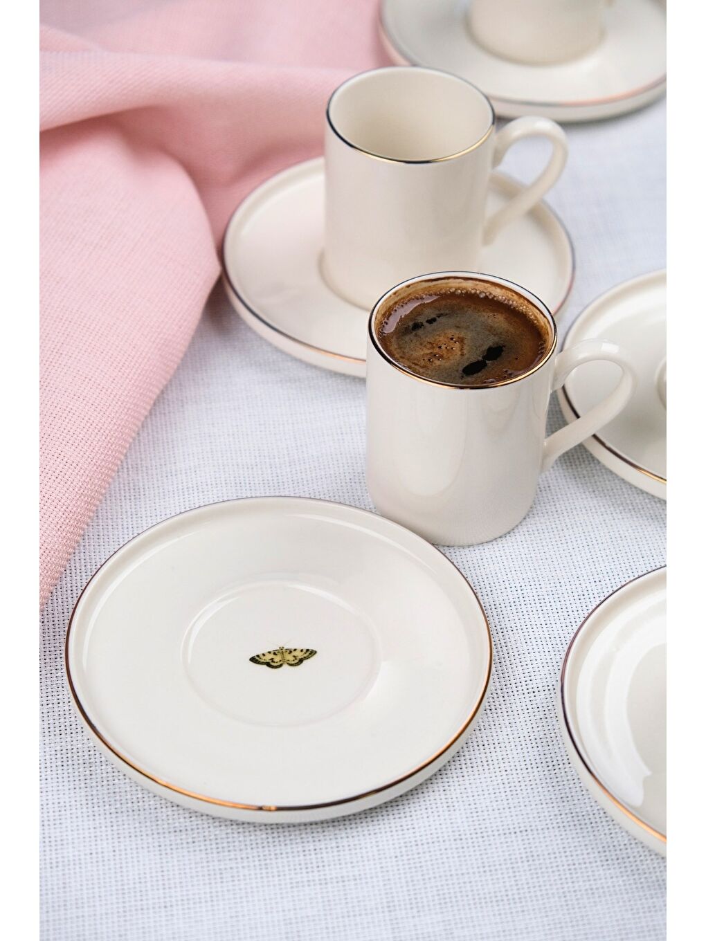 Beyaz Porselen Altın Yaldız Kahve Fincan Takımı Kelebek 90cc 6 Kişilik 12 Parça-3