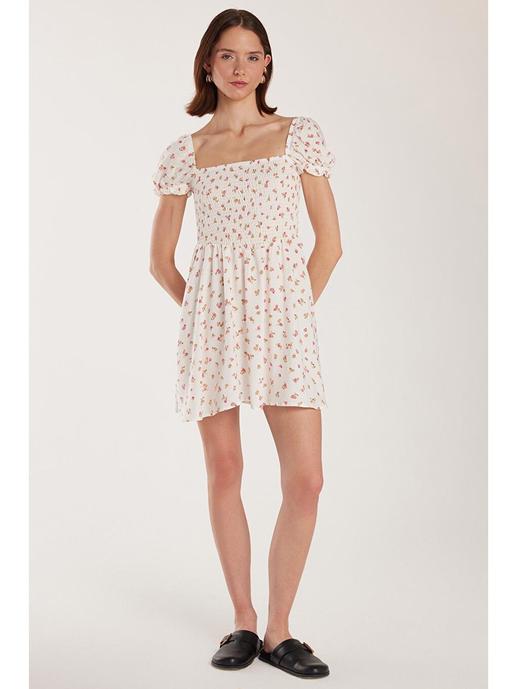 Ekru Kadın Standart Fit Normal Kesim Viskon Kare Yaka Midi Elbise-2