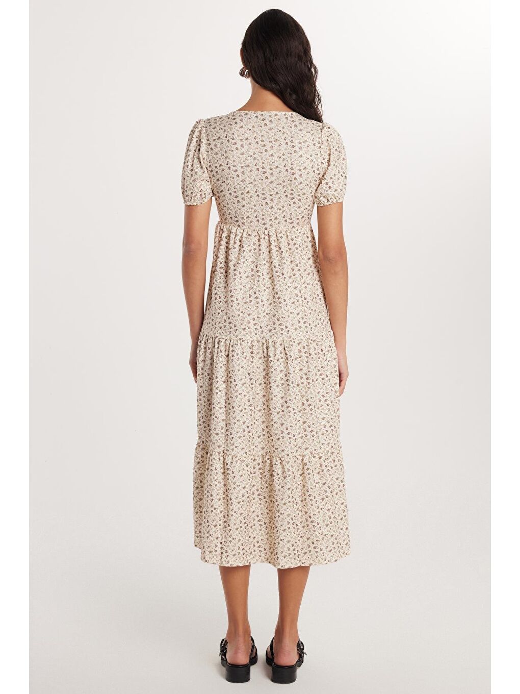 Karışık Kadın Slim Fit Dar Kesim Kısa Kollu Baskılı V Yaka Elbise-4