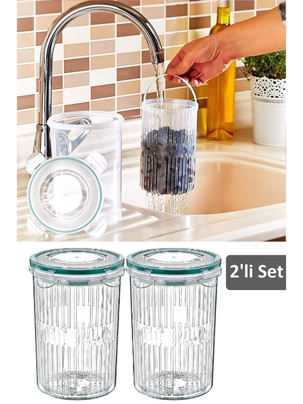 Renksiz 2'li Set Süzgeçli Zeytinlik Zeytin Turşu Saklama Kabı 1,5 lt 351KSERI