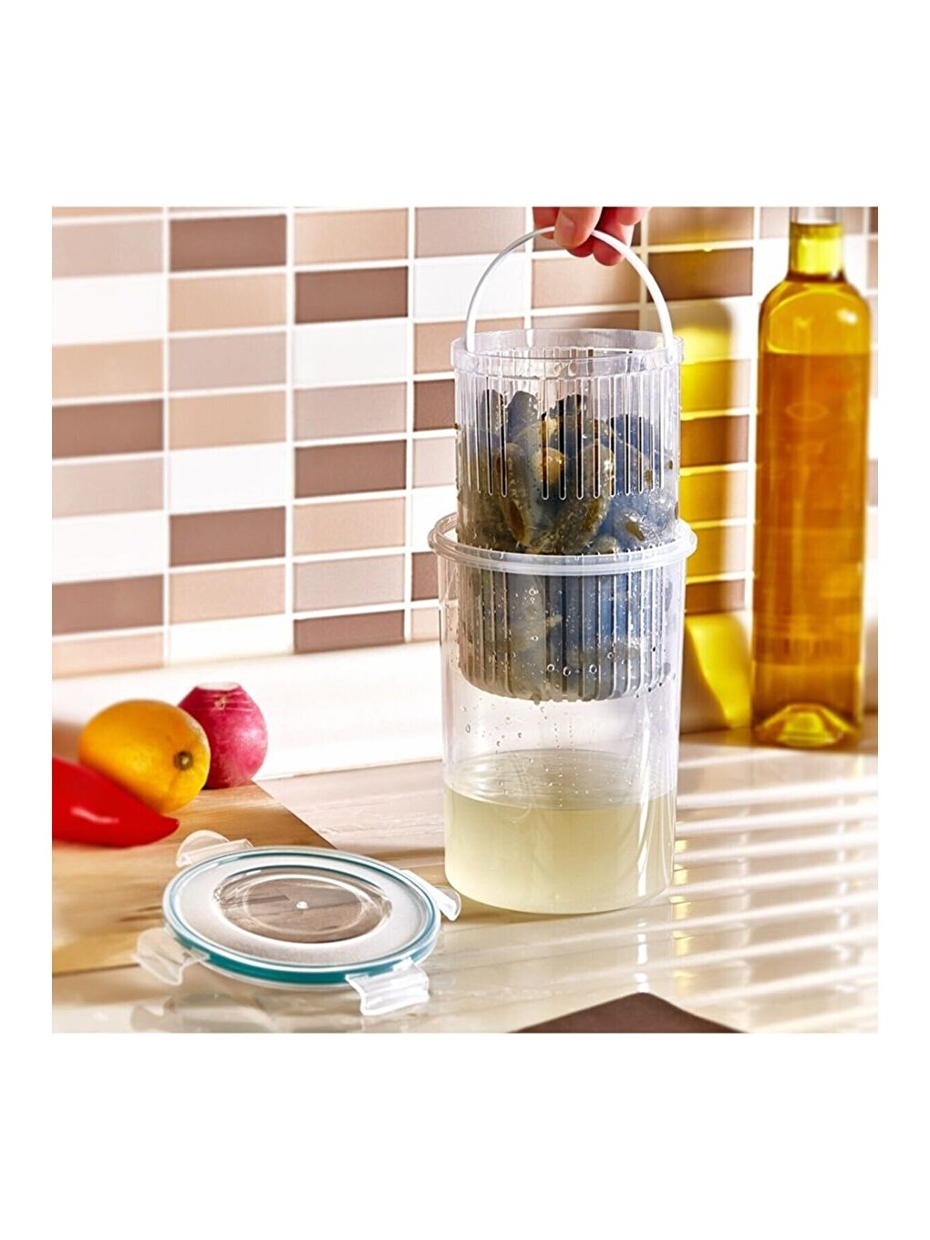 Renksiz 2'li Set Süzgeçli Zeytinlik Zeytin Turşu Saklama Kabı 1,5 lt 351KSERI-1