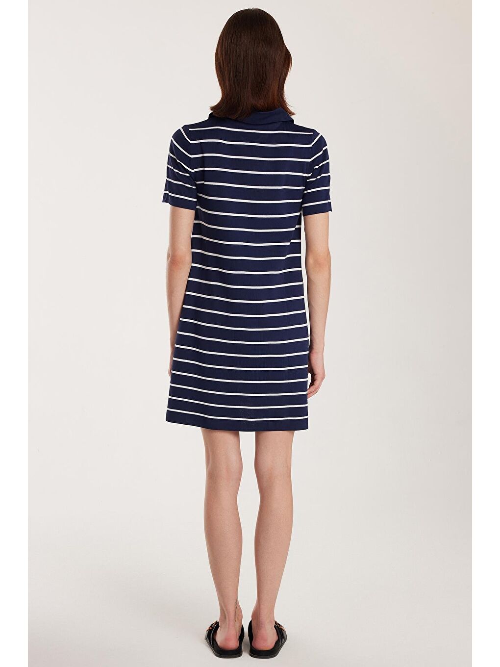 Kadın Standart Fit Kısa Kollu Fermuarlı Gömlek Yaka Çizgili Lacivert Elbise-4