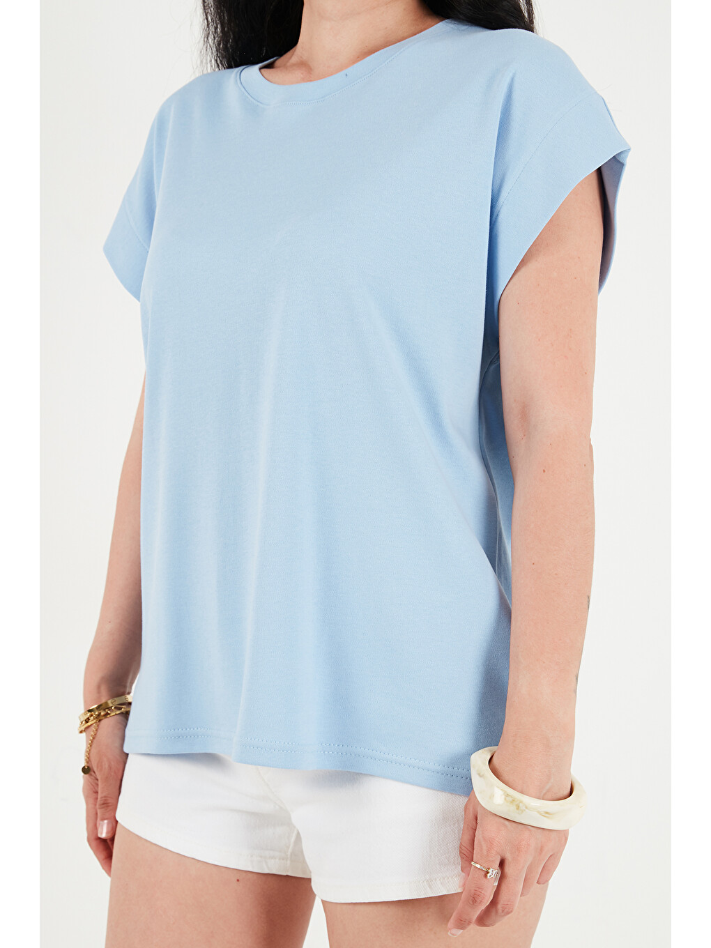 Mavi Pamuklu Rahat Kalıp Bisiklet Yaka Kadın T Shirt 5866955-5
