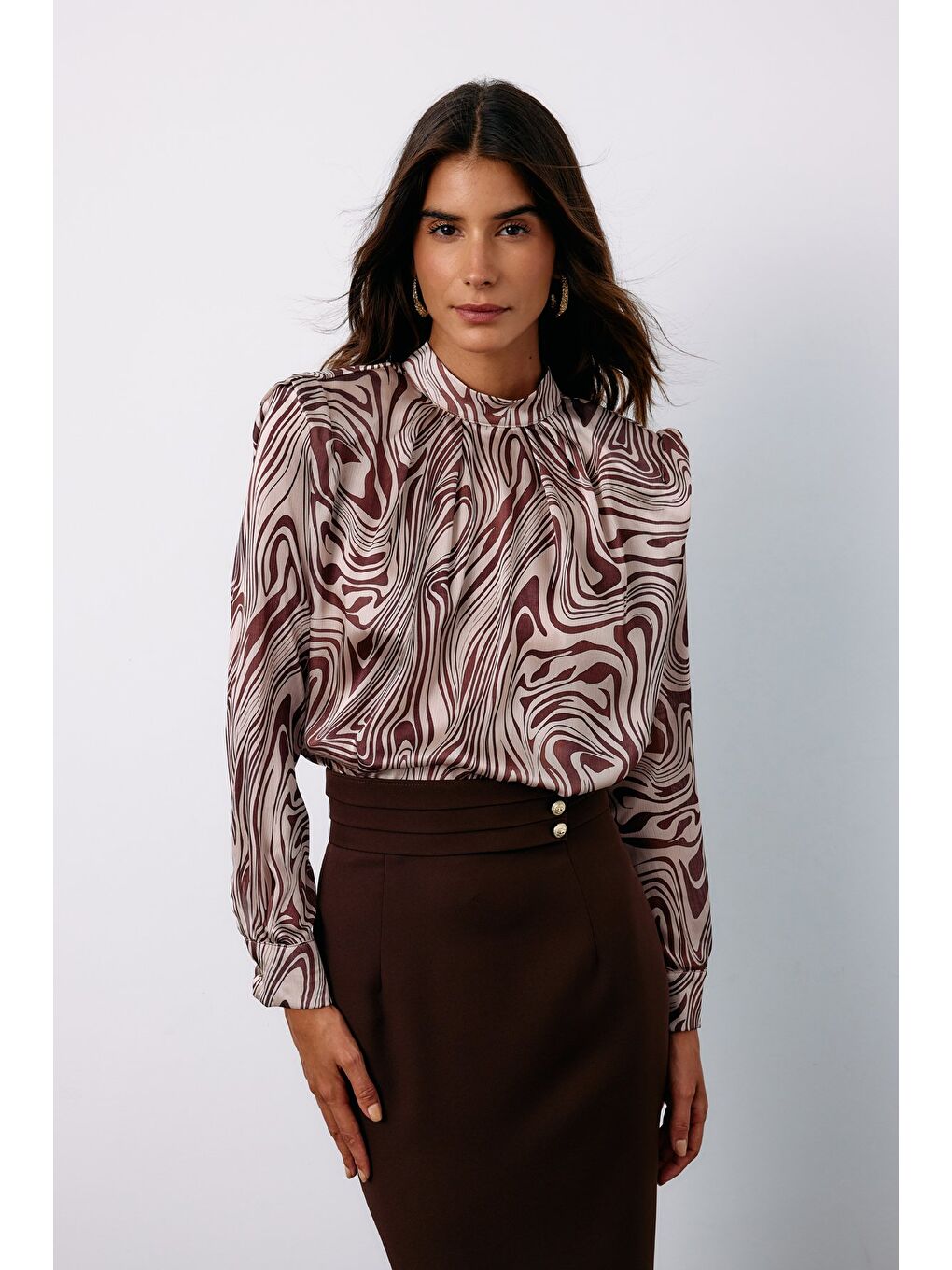 Bej Vatkalı Desenli Bluz - Vizon-1