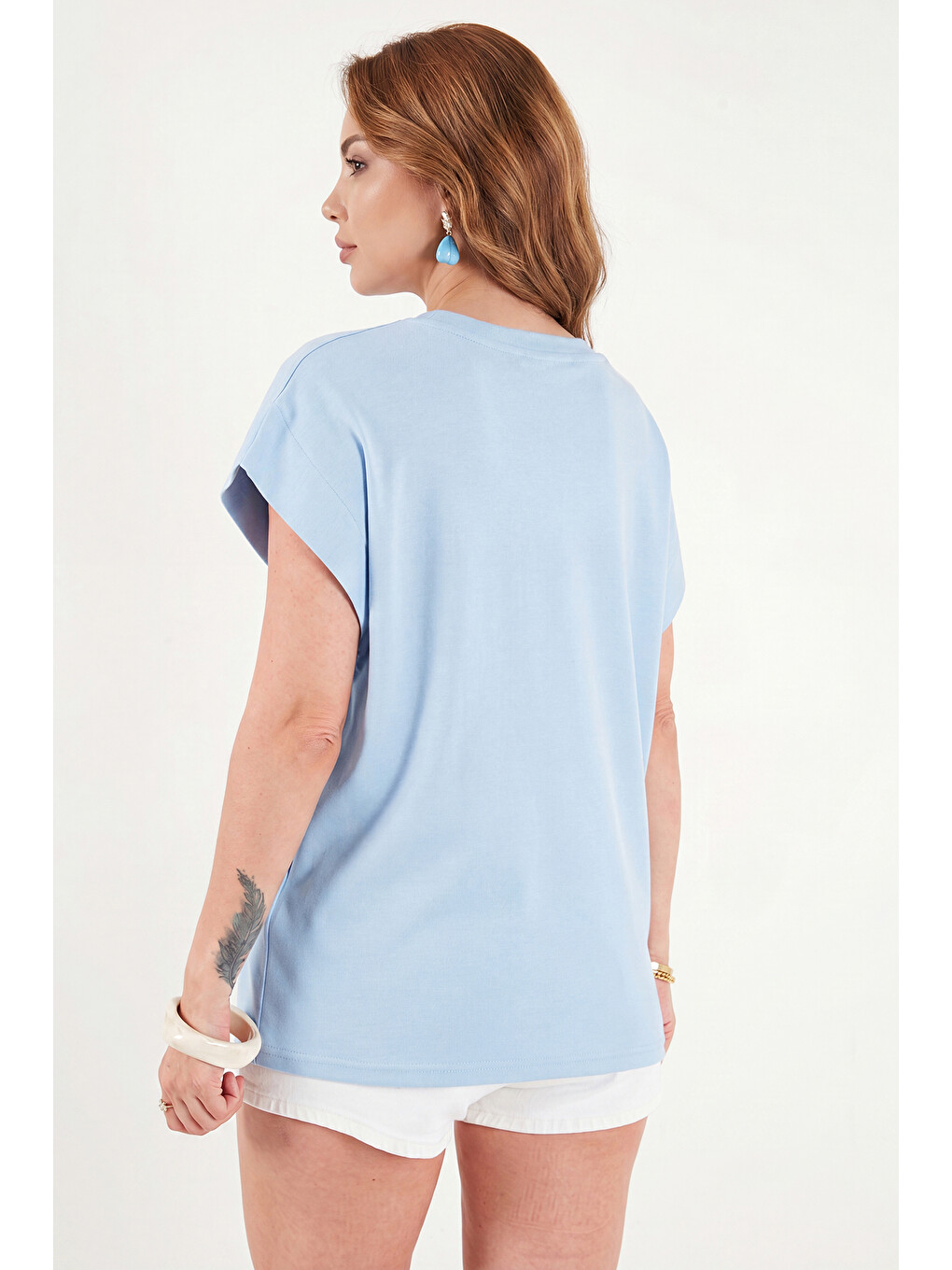 Mavi Pamuklu Rahat Kalıp Bisiklet Yaka Kadın T Shirt 5866955-6