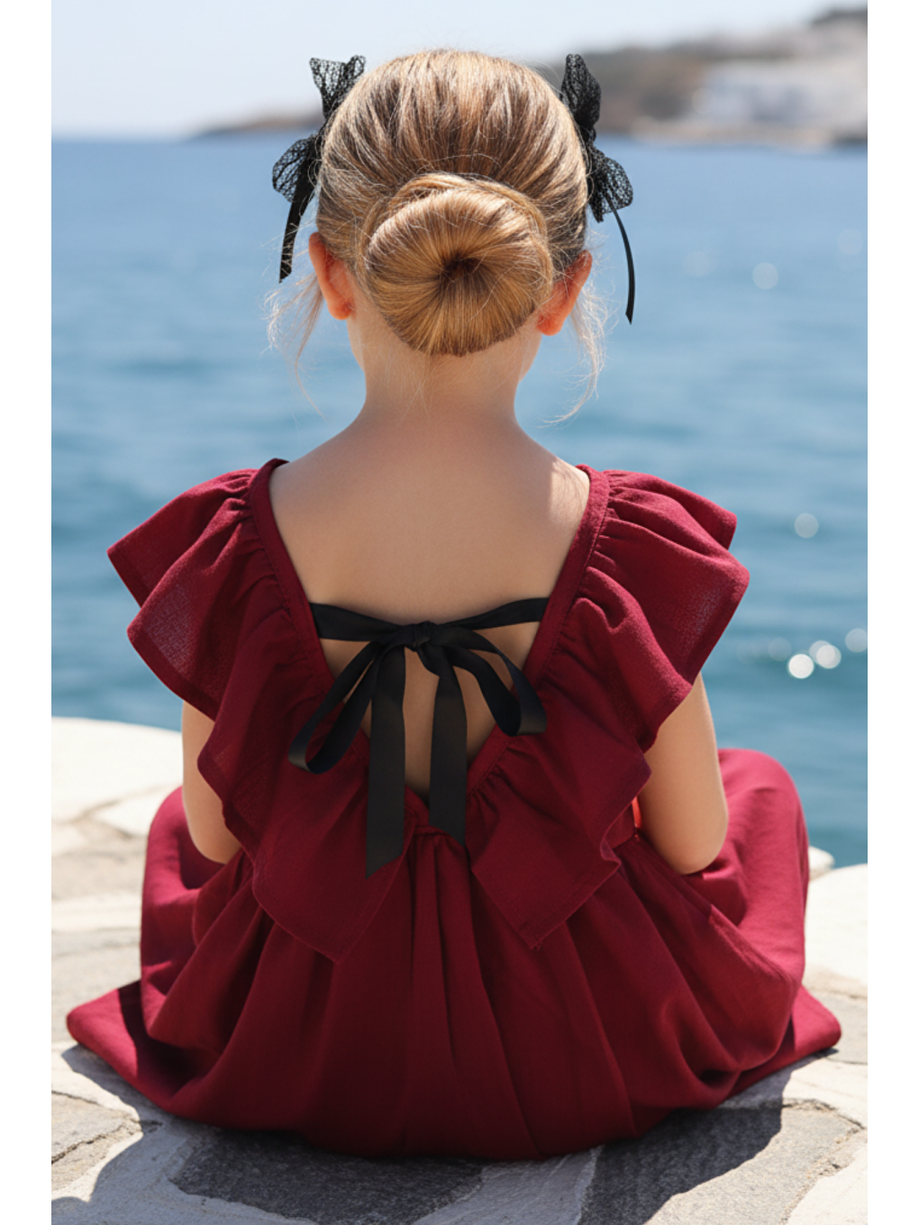 Kız Çocuk Bordo Cherry Fiyonklu Fırfırlı Elbise Toka Takım-4