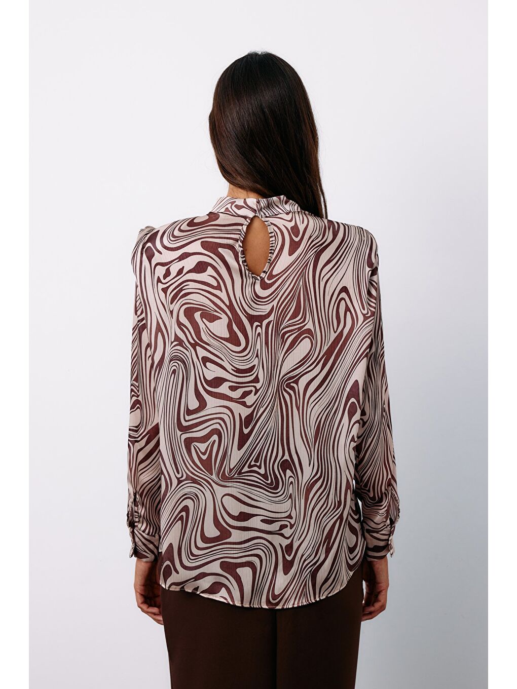 Bej Vatkalı Desenli Bluz - Vizon-3