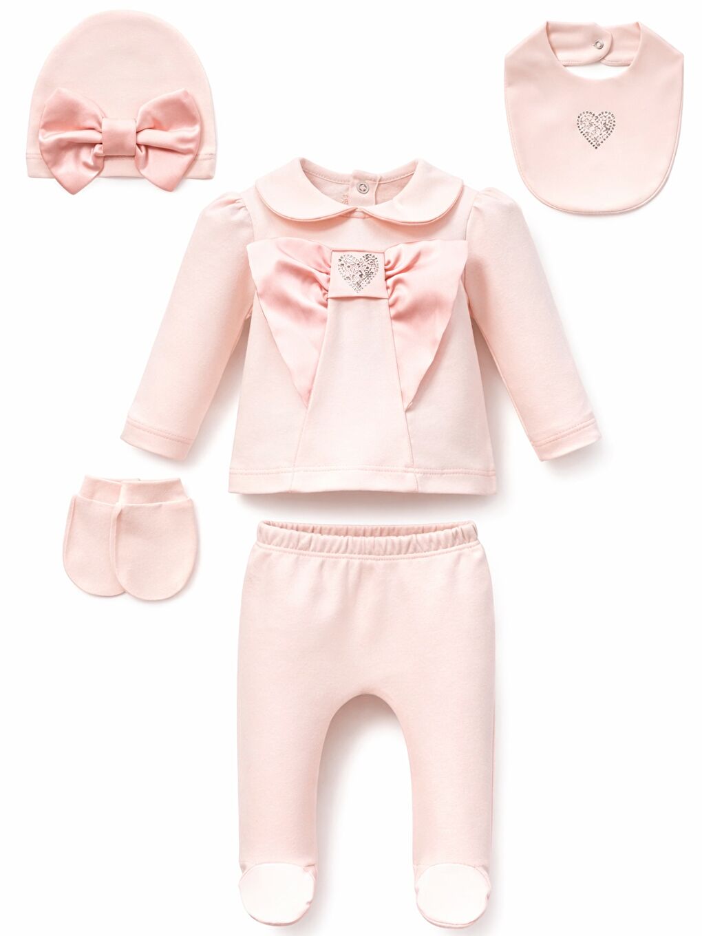 Pembe Kız Bebek 5li Hastane Çıkış Seti 0-3 ay Kalpli Fiyonklu Pamuklu Lüx