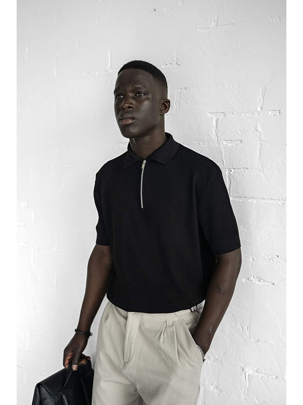 Erkek Yarım Fermuarlı Polo Yaka Triko Tişört Siyah