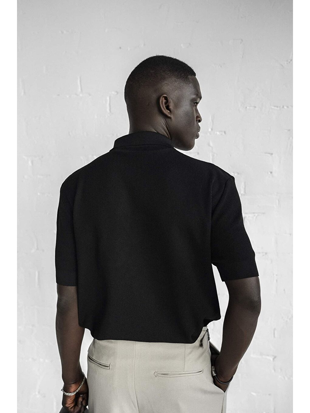 Erkek Yarım Fermuarlı Polo Yaka Triko Tişört Siyah-1