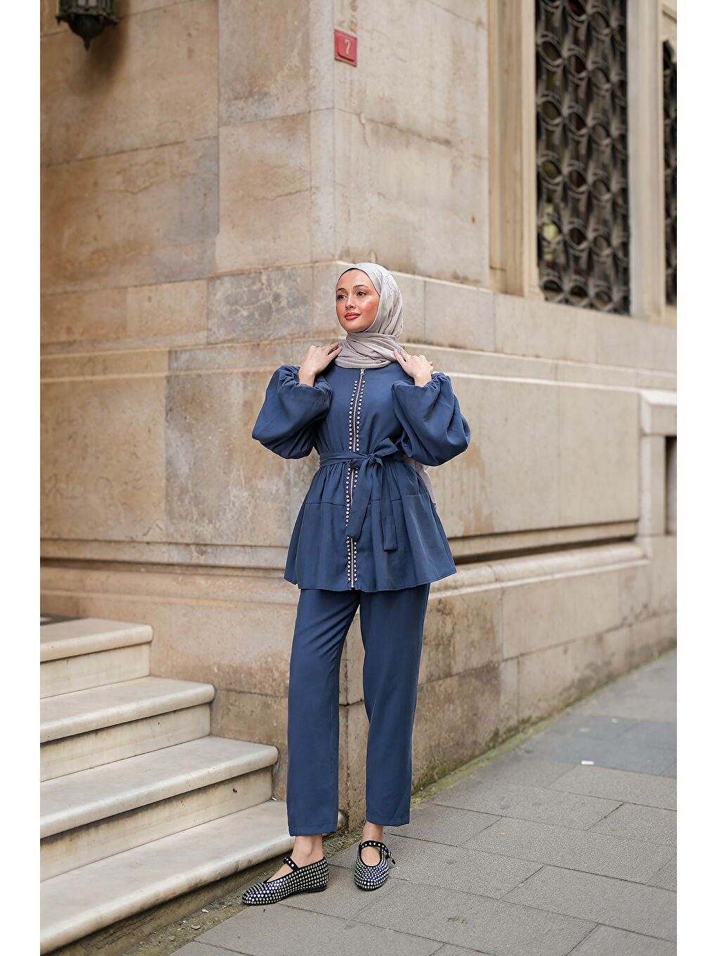Kadın Fermuarlı Taş Detaylı İkili Takım İndigo Mavi