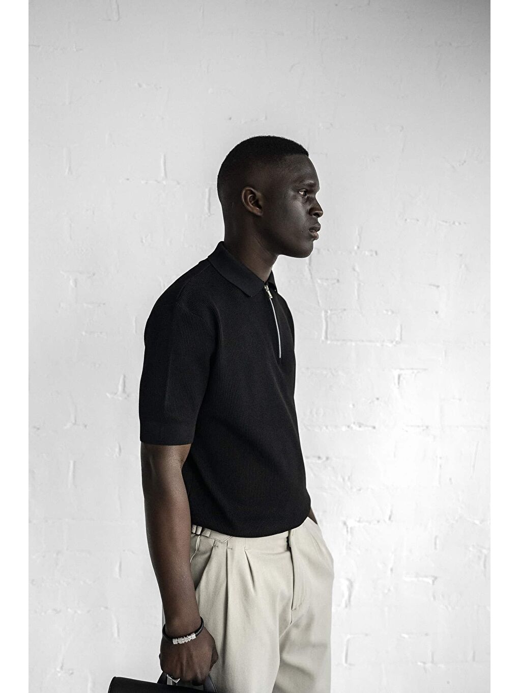 Erkek Yarım Fermuarlı Polo Yaka Triko Tişört Siyah-2