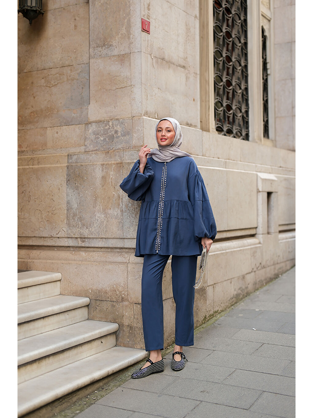 Kadın Fermuarlı Taş Detaylı İkili Takım İndigo Mavi-1