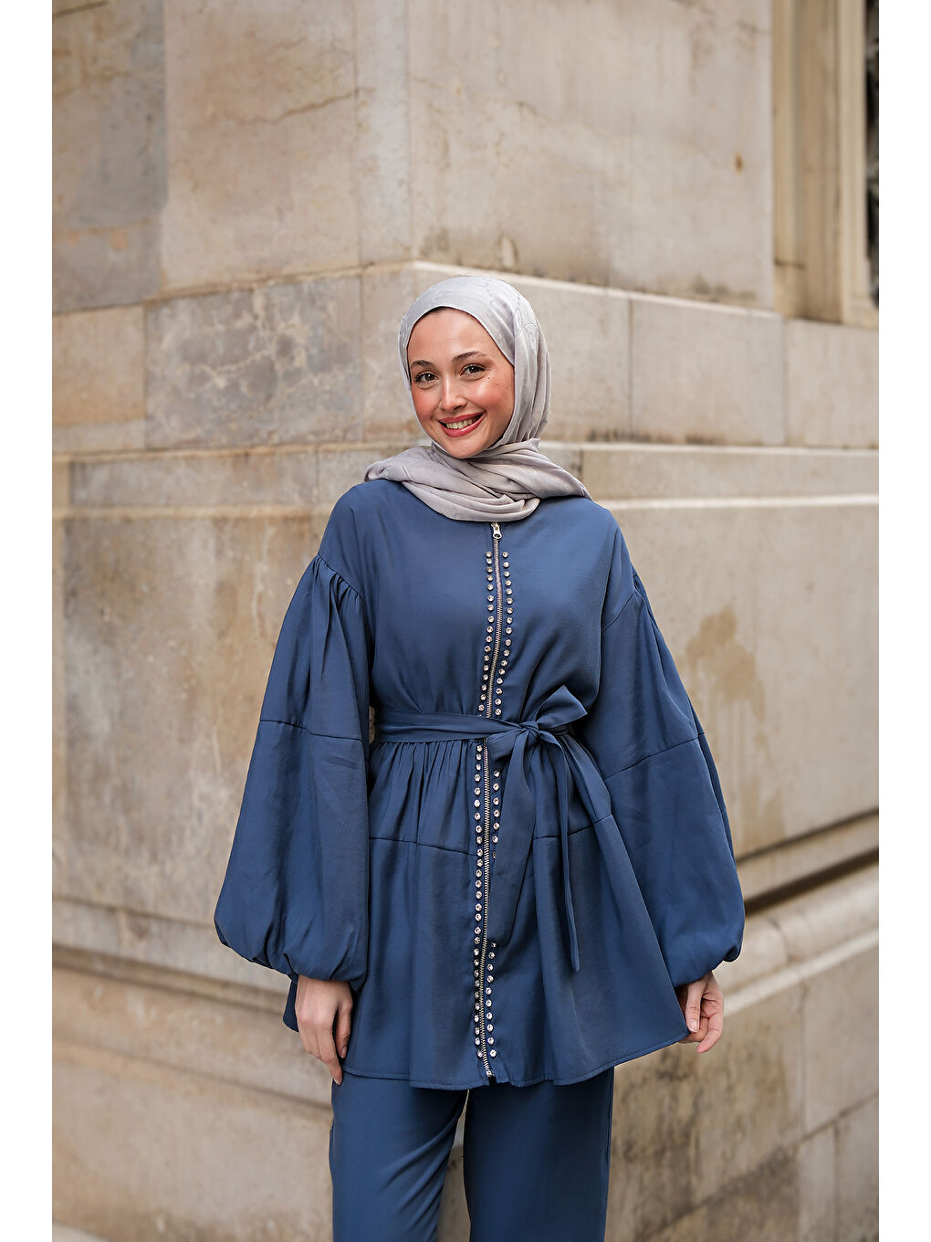 Kadın Fermuarlı Taş Detaylı İkili Takım İndigo Mavi-2