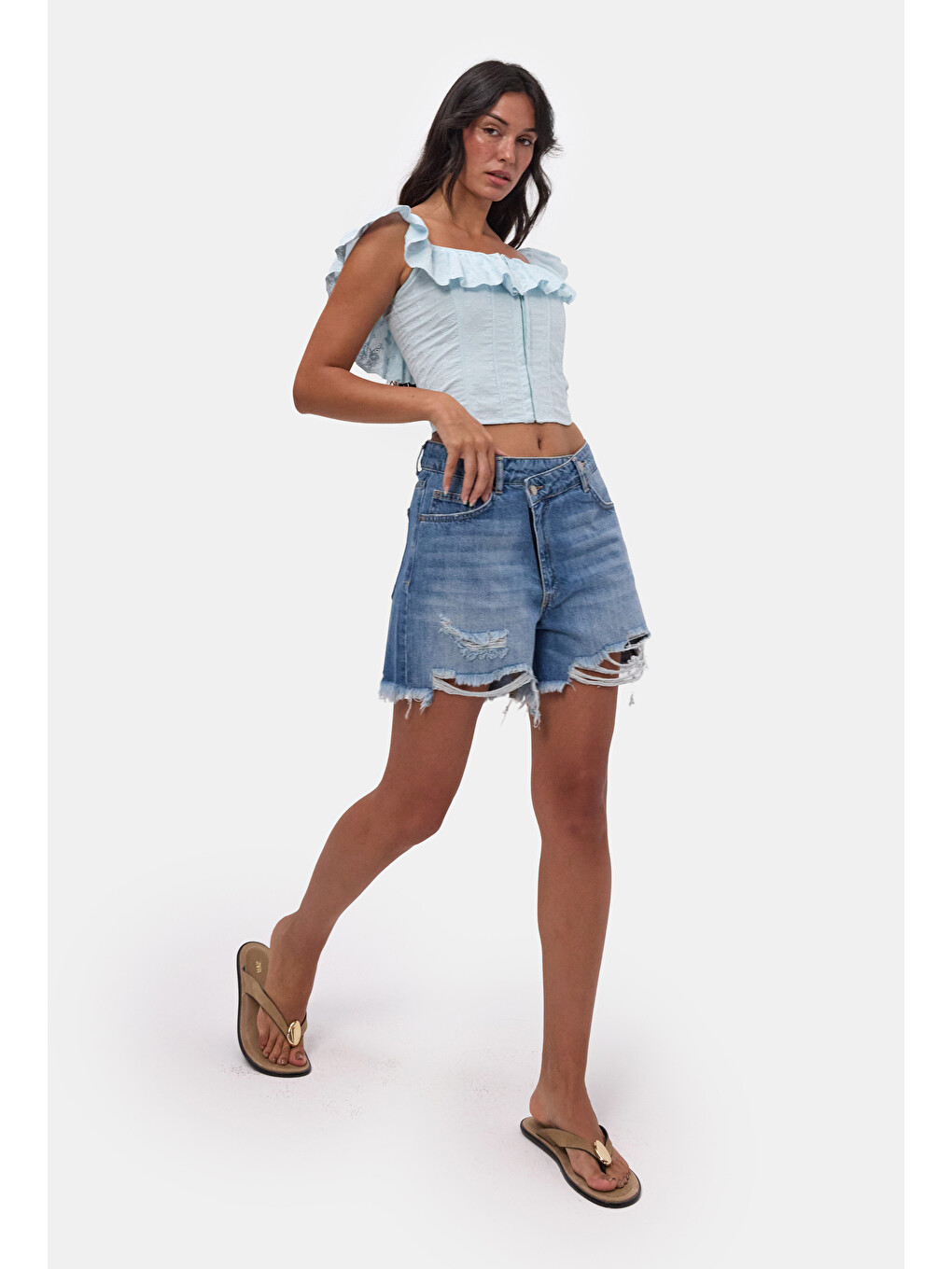 Kadın Mavi 10s6-4 Relax Fit Kemer Detaylı Denim Şort-4