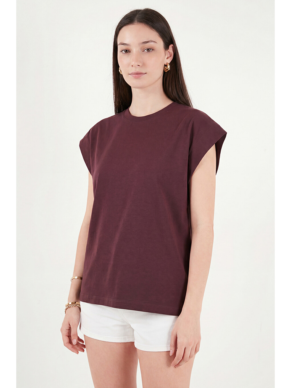 Bordo Pamuklu Rahat Kalıp Bisiklet Yaka Kadın T Shirt 5866955-3