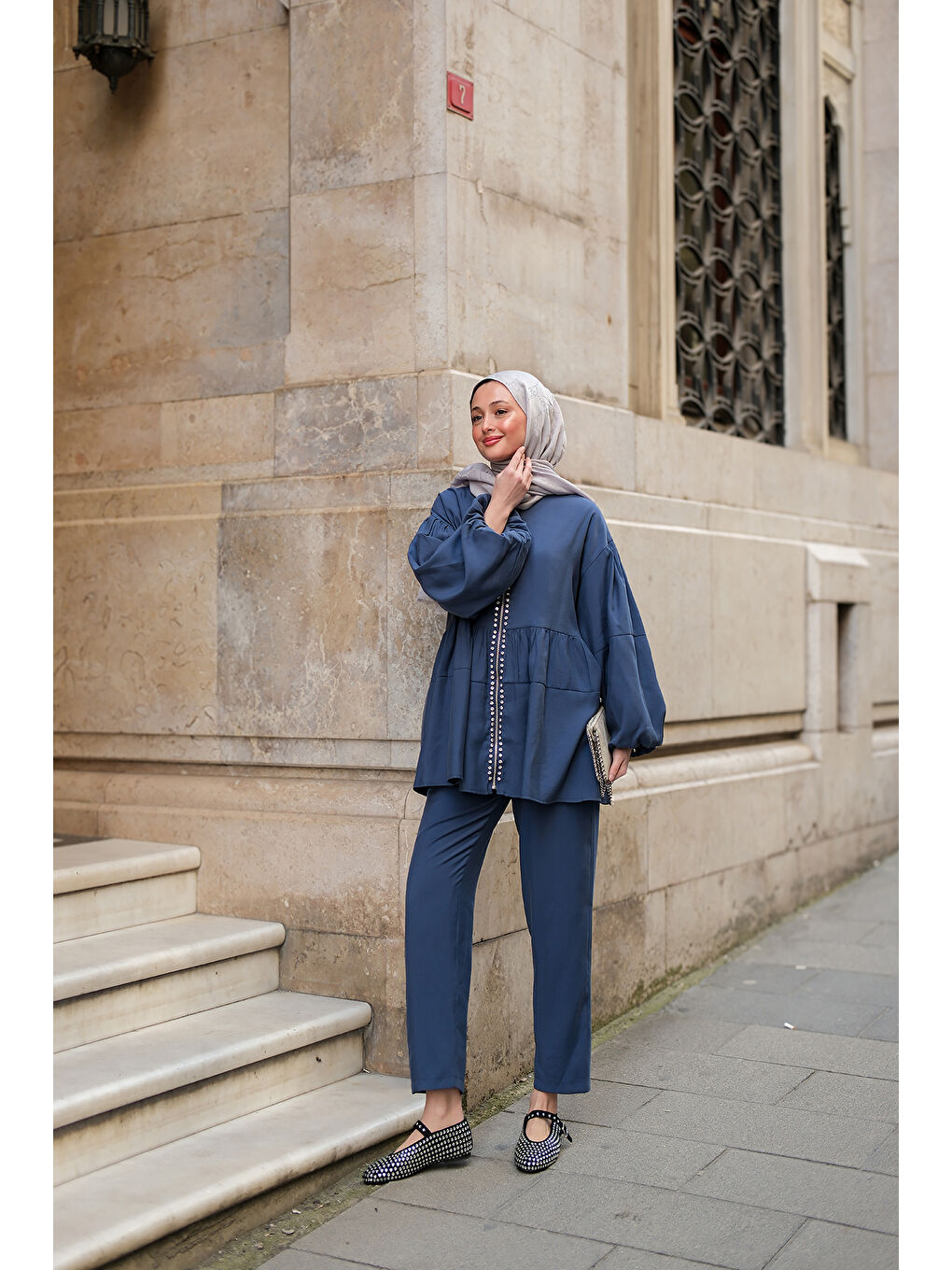 Kadın Fermuarlı Taş Detaylı İkili Takım İndigo Mavi-3