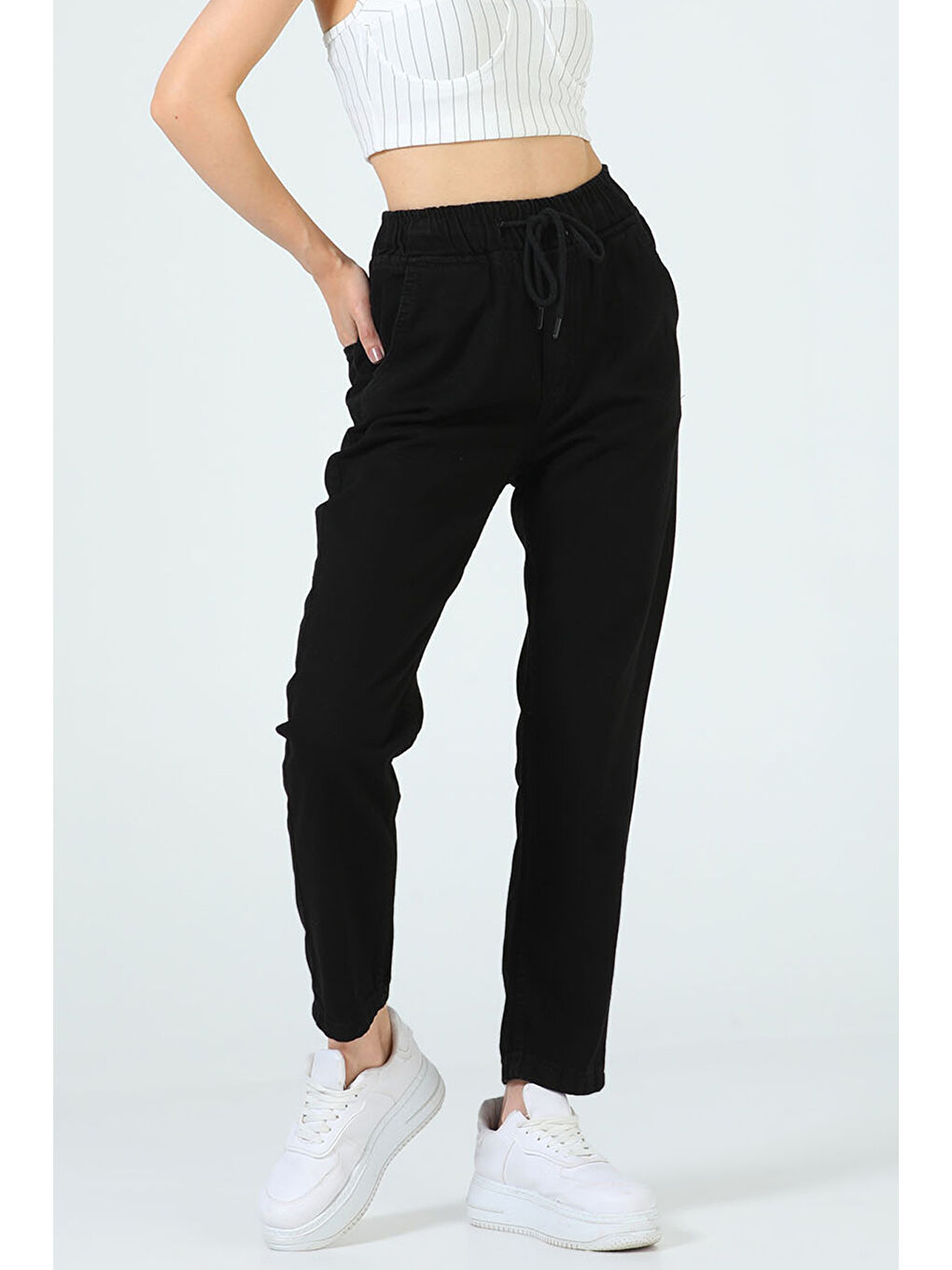 Siyah Kadın Bel Lastikli Mom Gabardin Pantolon