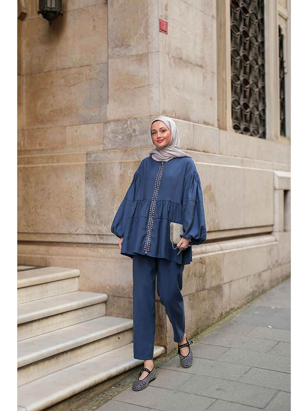 Kadın Fermuarlı Taş Detaylı İkili Takım İndigo Mavi-4