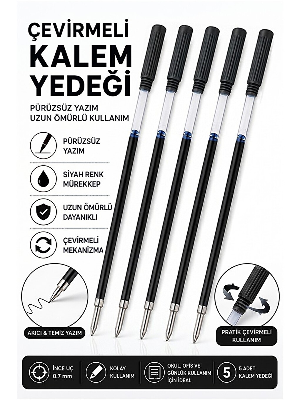 Plastik Çevirmeli Tükenmez Kalem Yedeği 5 Adet Tükenmez Kalem İçi Yedek Tükenmez Kalem İçi Okul Ofis