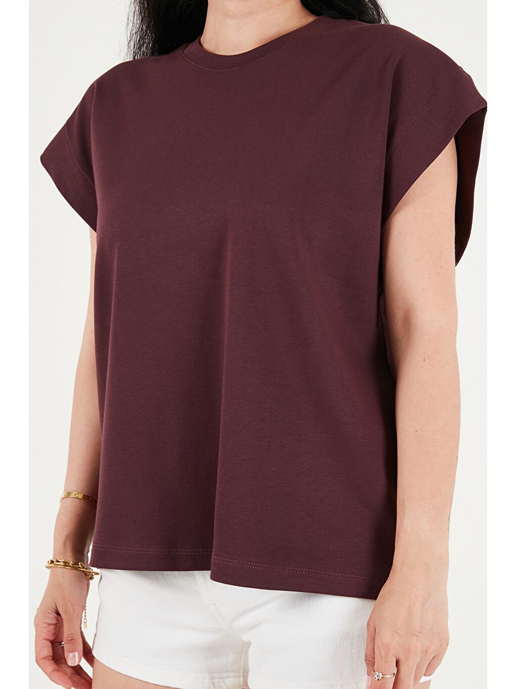 Bordo Pamuklu Rahat Kalıp Bisiklet Yaka Kadın T Shirt 5866955-5