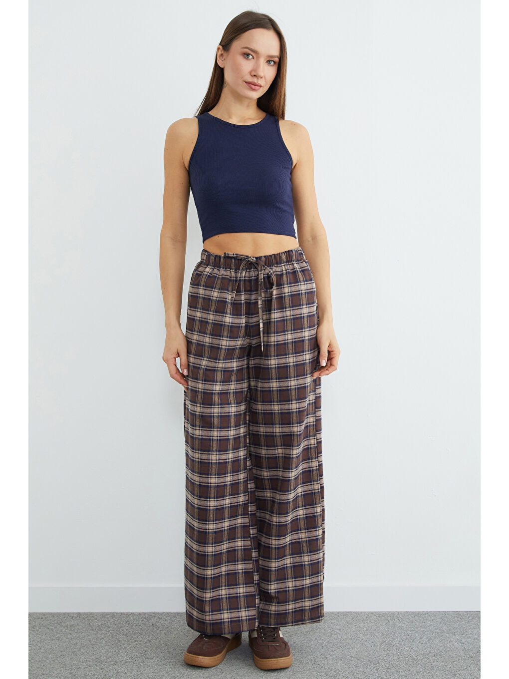 Lacivert Beli Lastikli Ekose Desenli Pantolon-2