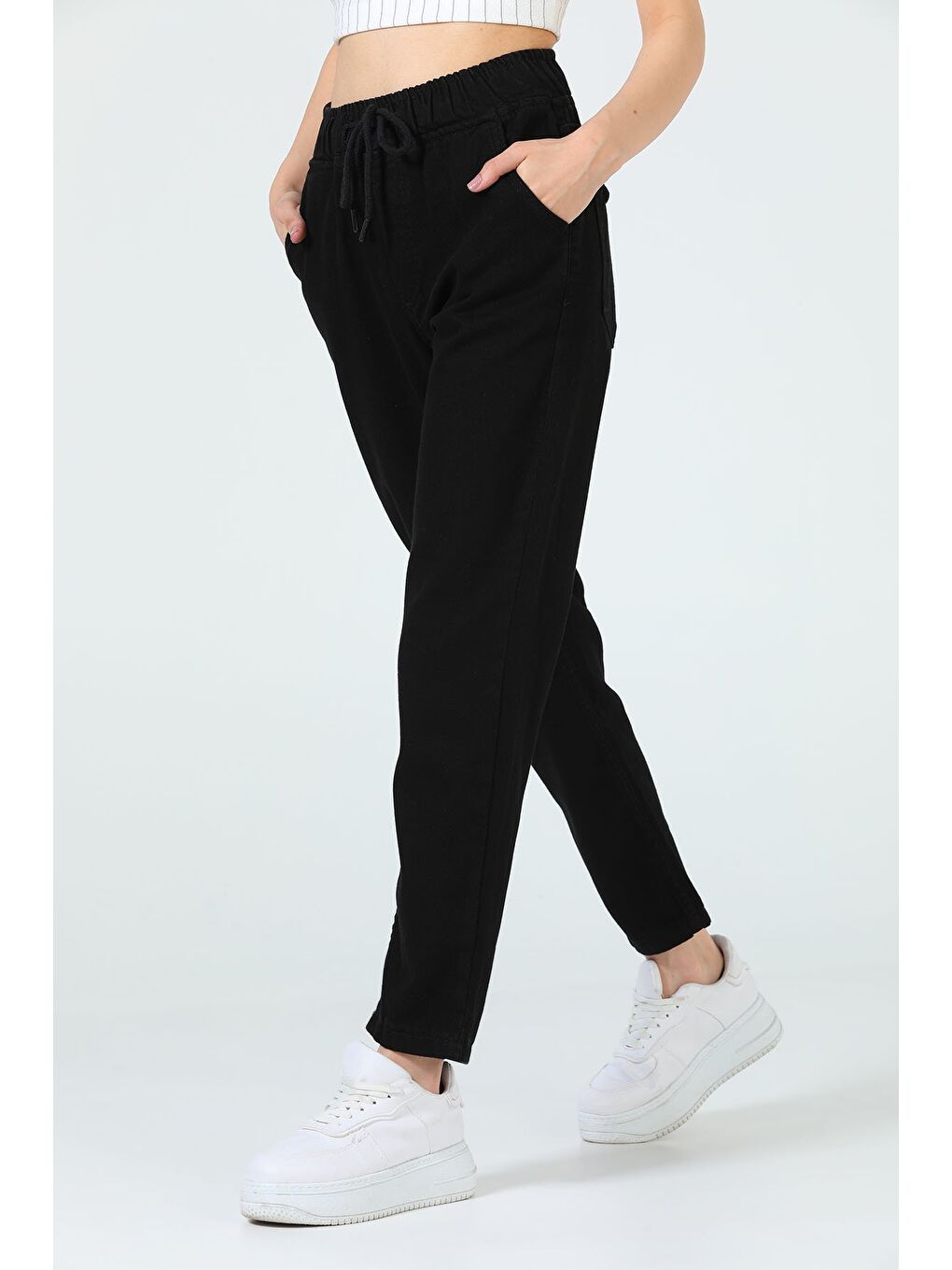 Siyah Kadın Bel Lastikli Mom Gabardin Pantolon-1
