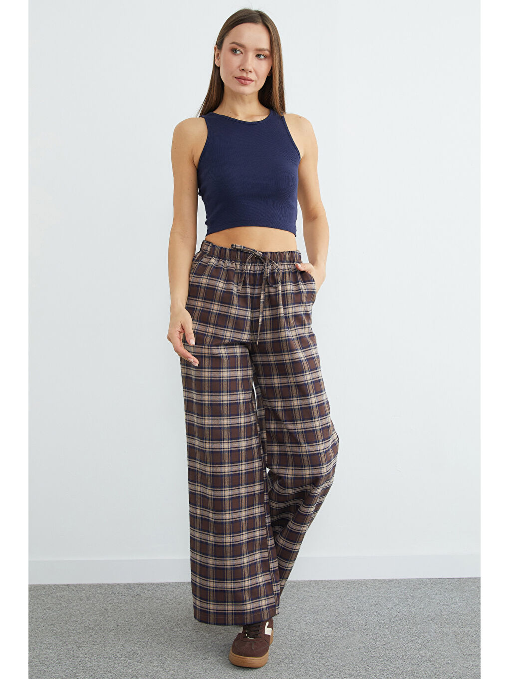 Lacivert Beli Lastikli Ekose Desenli Pantolon-3