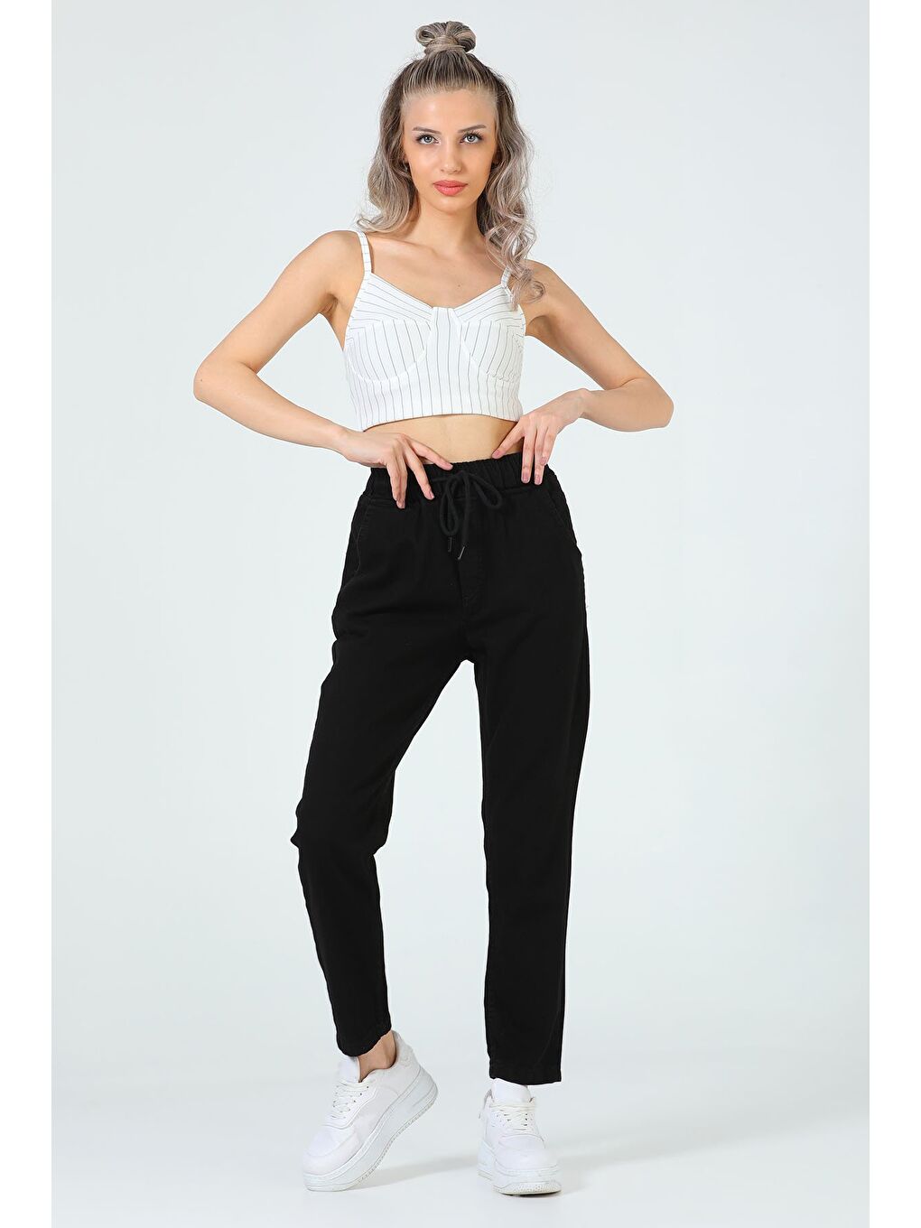 Siyah Kadın Bel Lastikli Mom Gabardin Pantolon-2