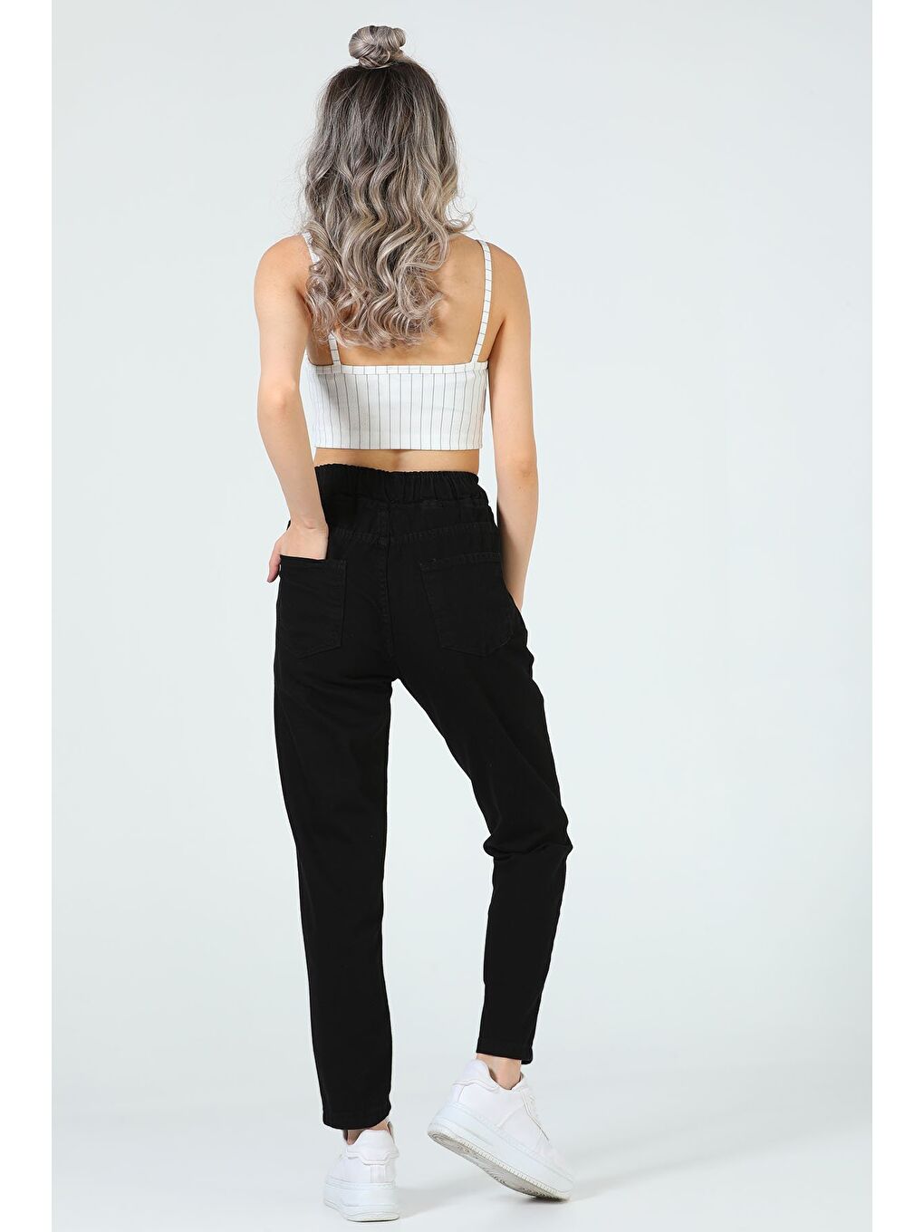 Siyah Kadın Bel Lastikli Mom Gabardin Pantolon-4