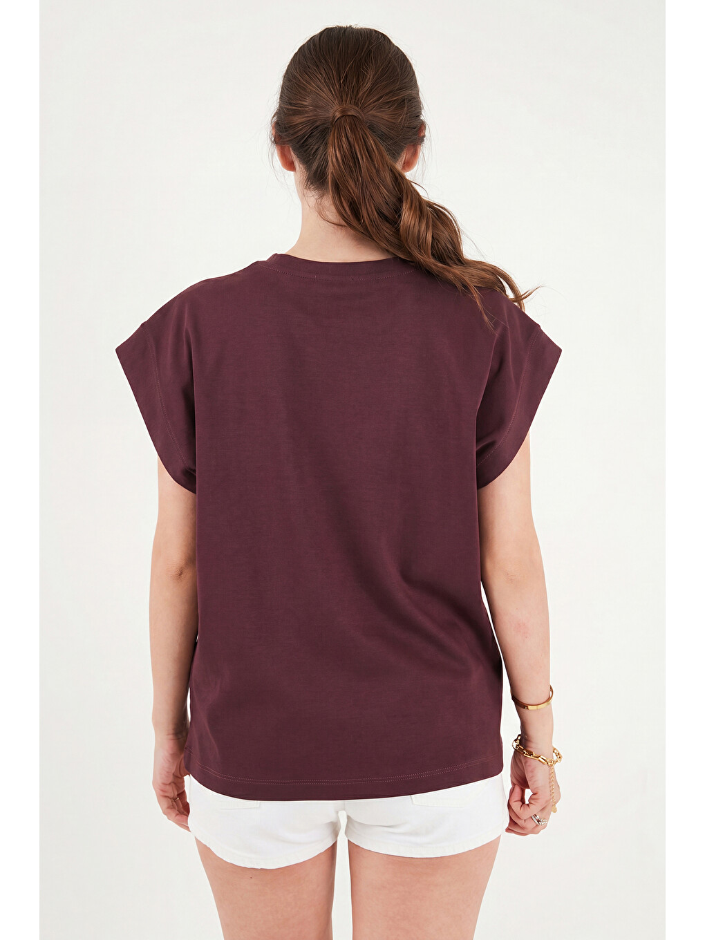 Bordo Pamuklu Rahat Kalıp Bisiklet Yaka Kadın T Shirt 5866955-6