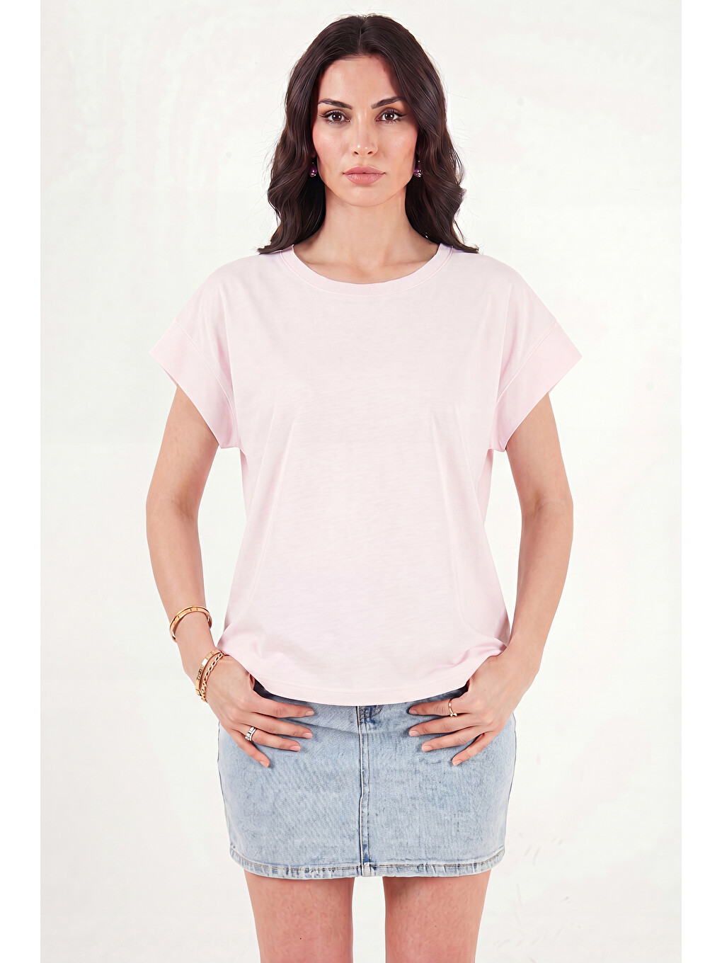 Pembe Pamuklu Rahat Kalıp Bisiklet Yaka Kadın T Shirt 5866955-1