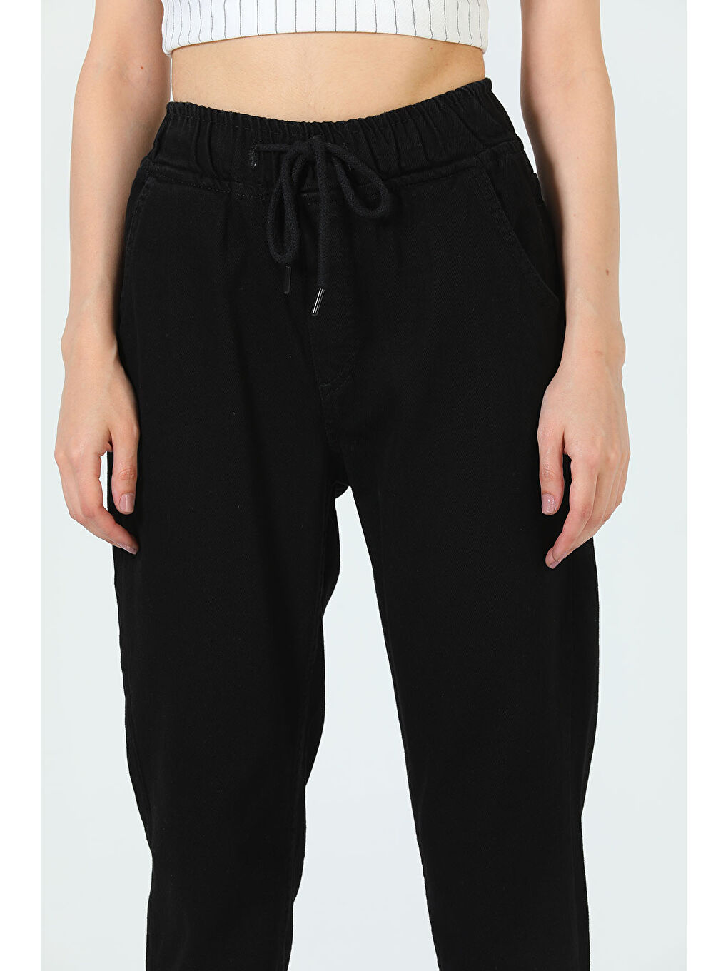 Siyah Kadın Bel Lastikli Mom Gabardin Pantolon-5