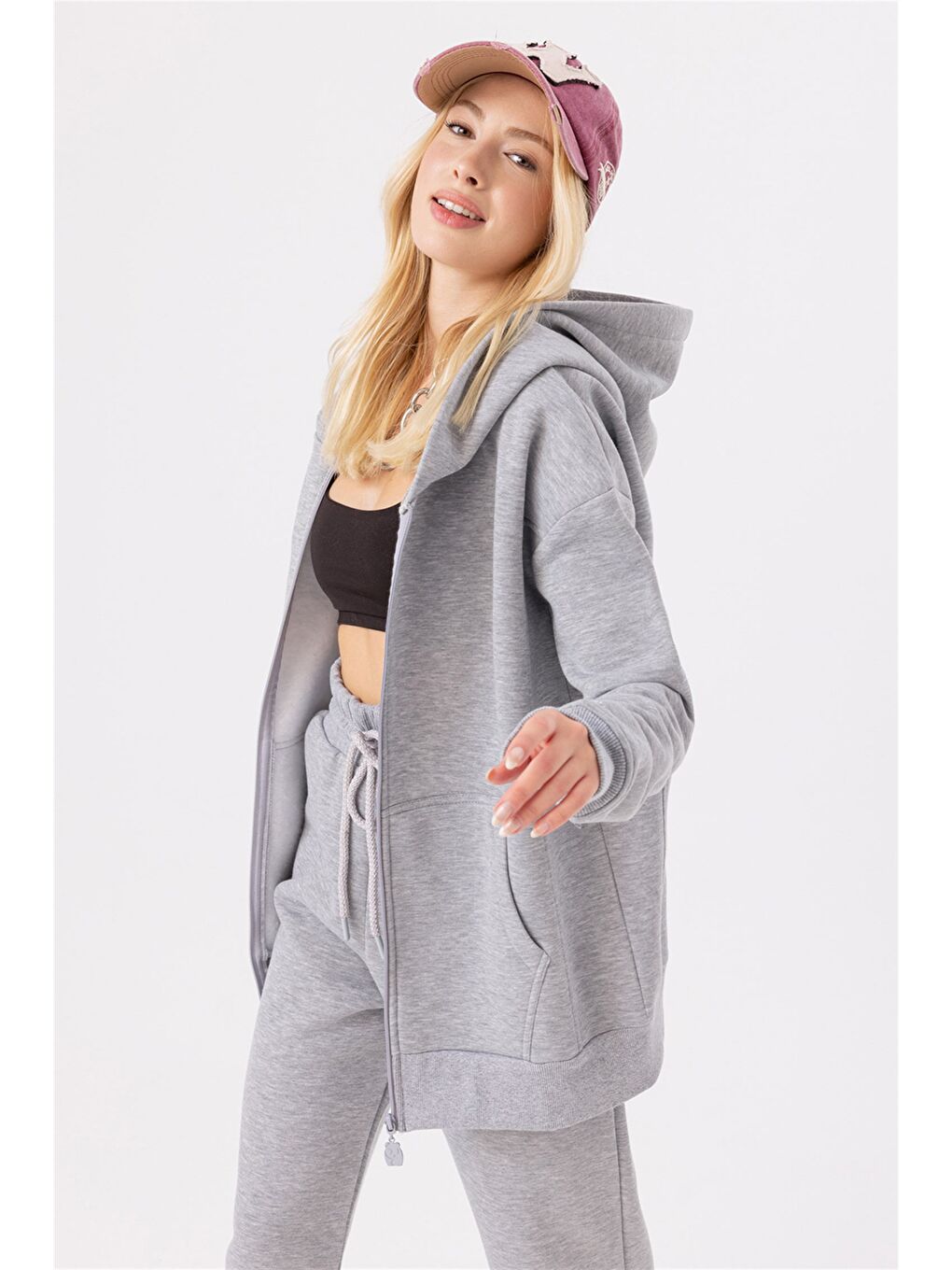 Kadın Oversize Fermuarlı Kapüşonlu Gri Sweatshirt-1