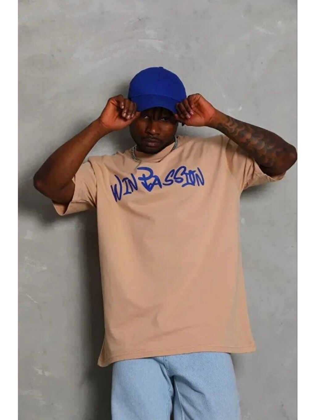 Bej Erkek Baskılı Tişört-1