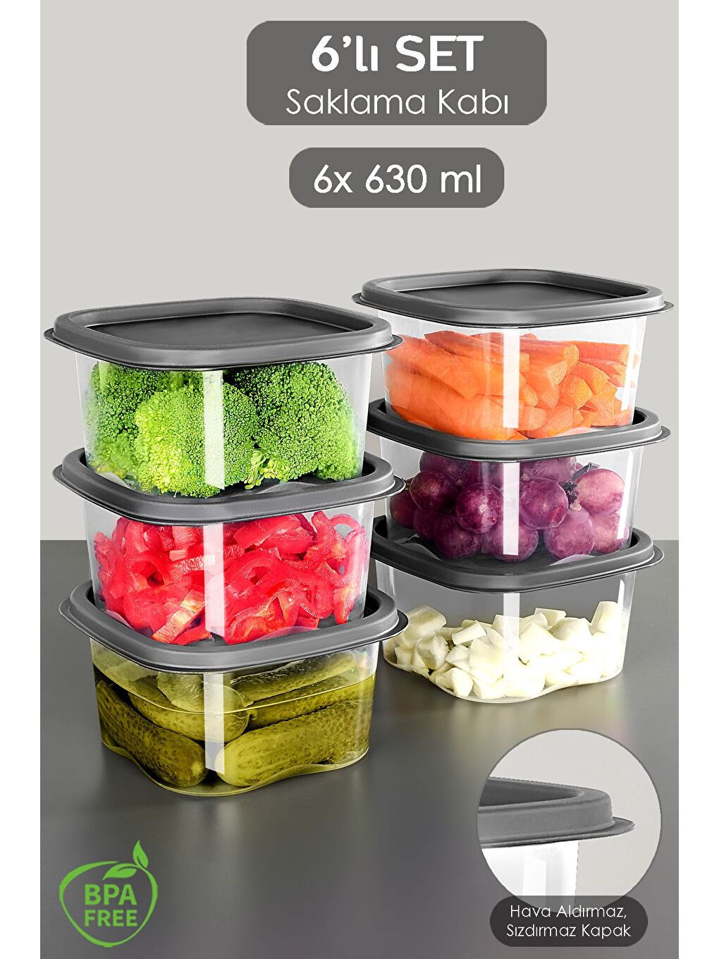 Gri 6 Adet Kare Erzak Gıda Saklama Kabı 630 ml Antrasit